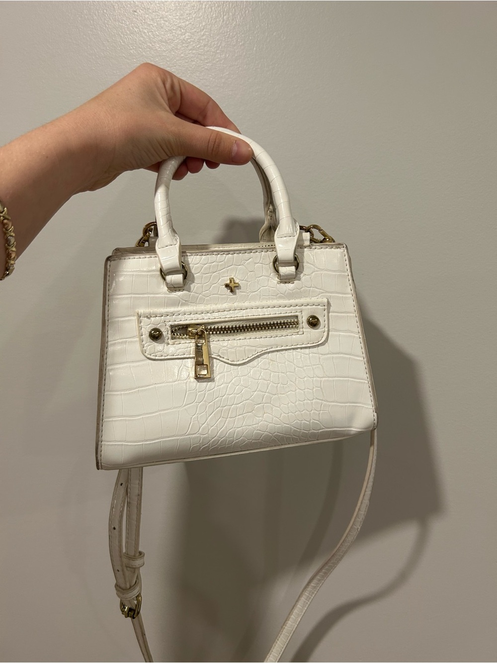 White Croc-Embossed Top-Handle Crossbody Bag